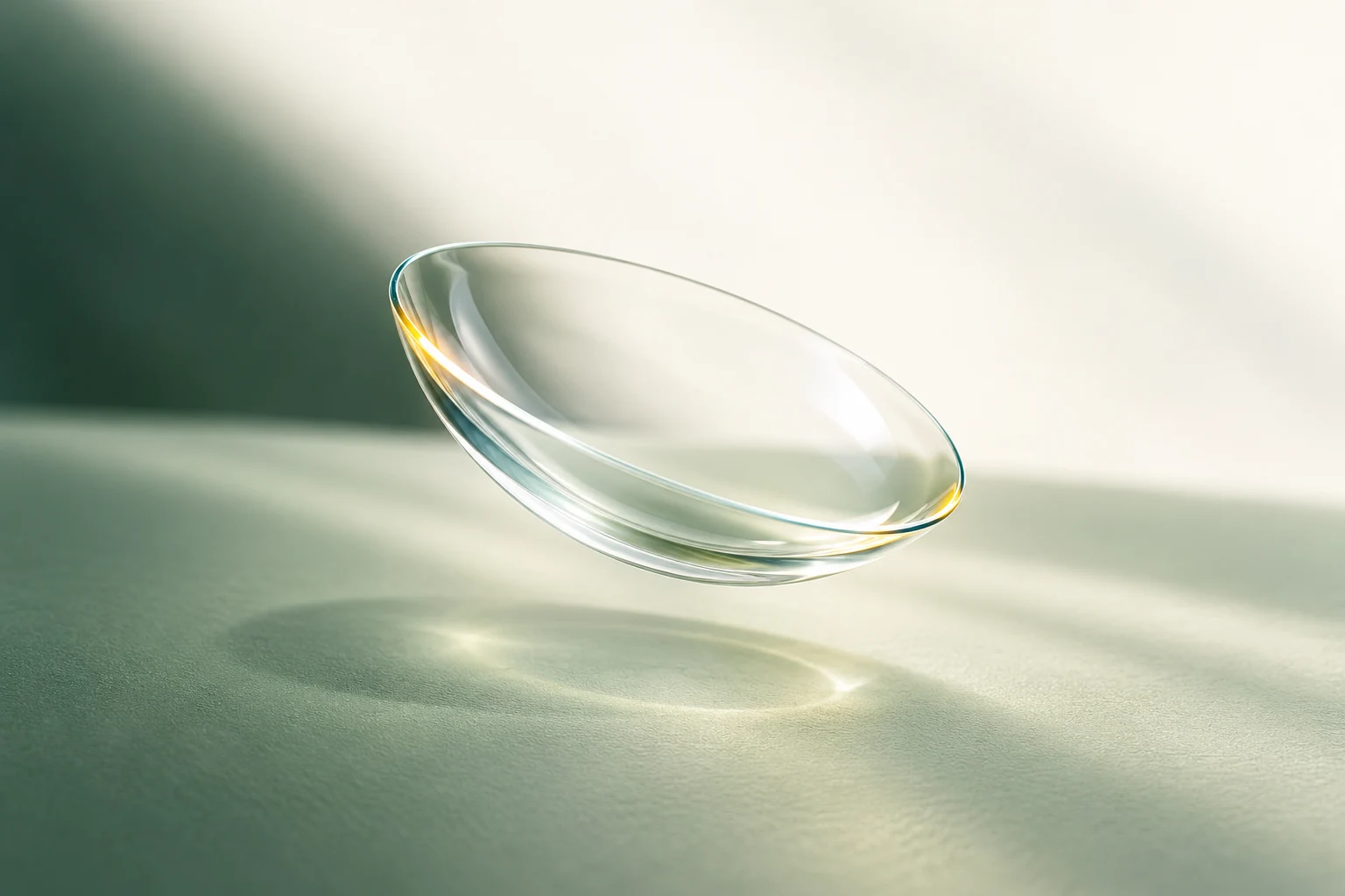 Illustration of a transparent contact lens floating above a sage surface