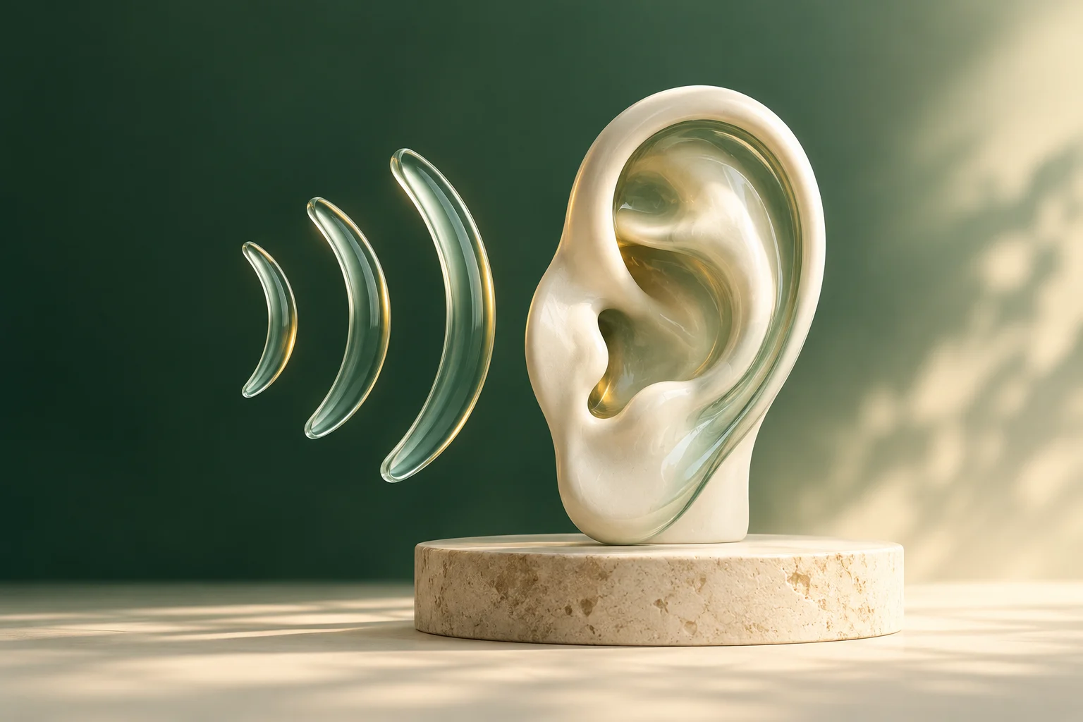 Illustration of an ear and sound waves in green and ivory